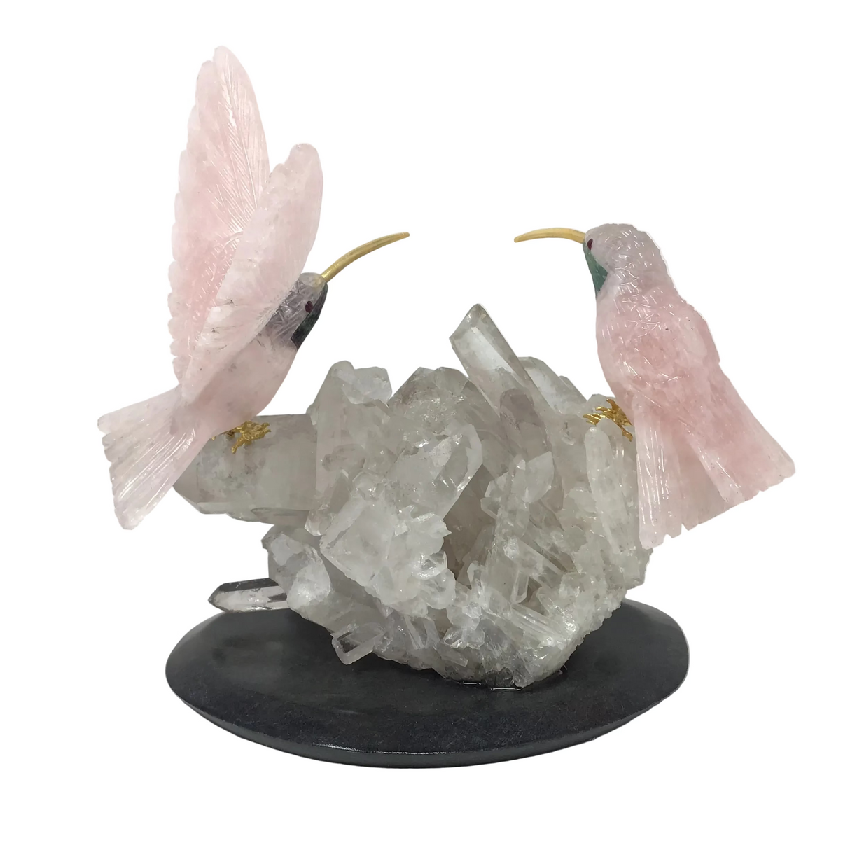 Hand-Carved Rose Quartz Hummingbird Duo Perched on Quartz Cluster with Black Marble Base - Cheeks of Ruby Zoisite