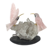 Hand-Carved Rose Quartz Hummingbird Duo Perched on Quartz Cluster with Black Marble Base - Cheeks of Ruby Zoisite