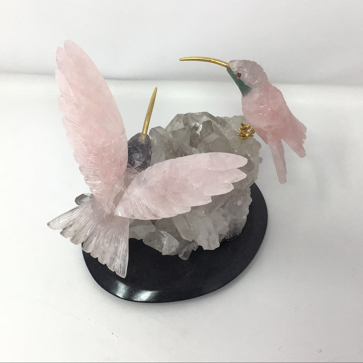 Hand-Carved Rose Quartz Hummingbird Duo Perched on Quartz Cluster with Black Marble Base - Cheeks of Ruby Zoisite