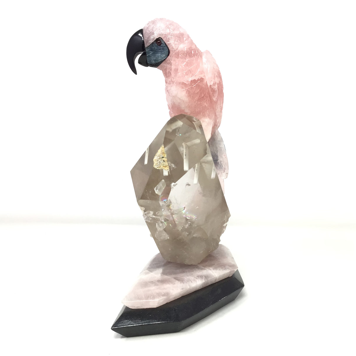 Hand-Carved Rose Quartz Macaw Perched on Clear Quartz Crystal & Rose Quartz + Black Marble Base - Tail Feathers of Tiger's Eye & Blue Calcite