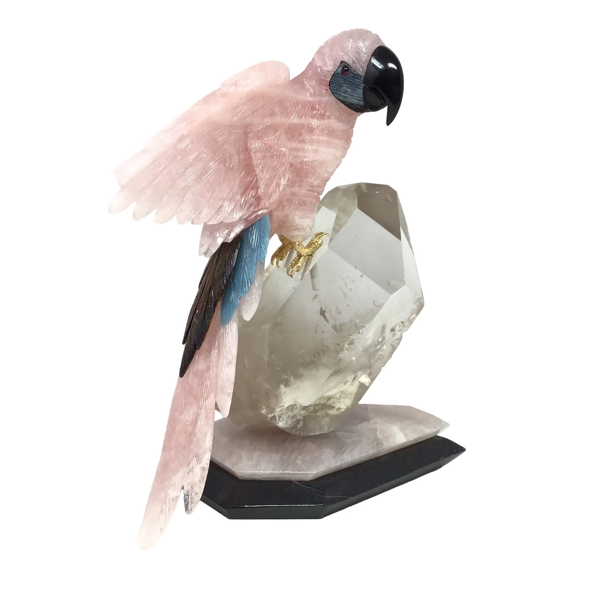 Hand-Carved Rose Quartz Macaw Perched on Clear Quartz Crystal & Rose Quartz + Black Marble Base - Tail Feathers of Tiger's Eye & Blue Calcite