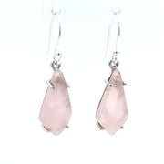 Rose quartz cabochon dangle earrings, faceted kite-shaped pink stones prong set in sterling silver on hooks