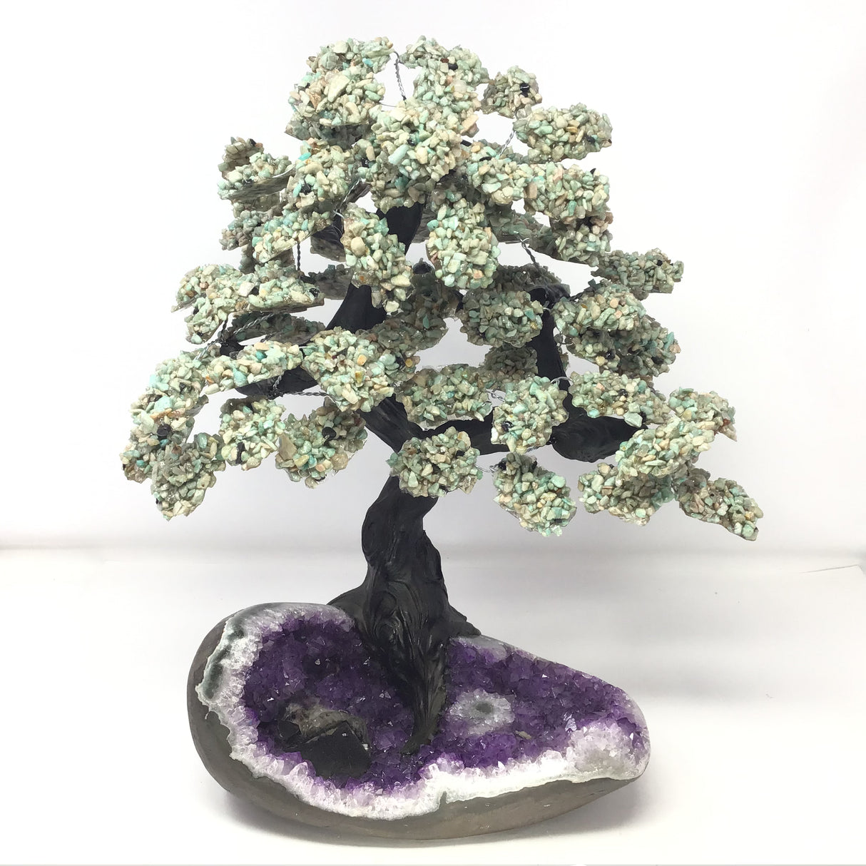 Amazonite Gemstone Tree on Amethyst Geode Base with Stalactite Inclusion