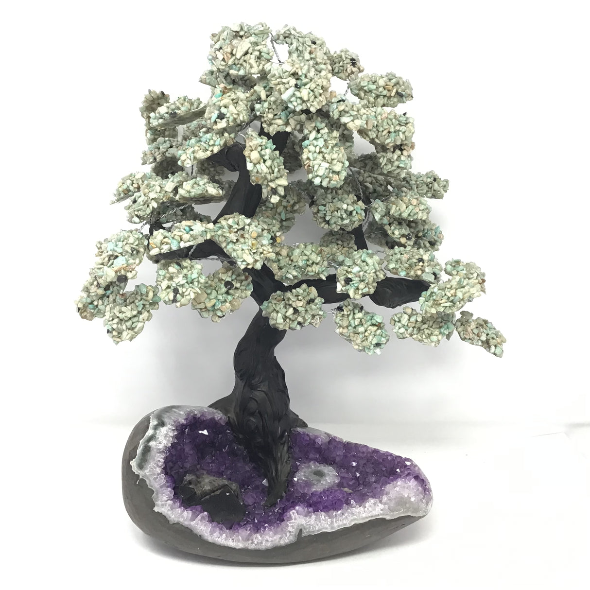 Amazonite Gemstone Tree on Amethyst Geode Base with Stalactite Inclusion