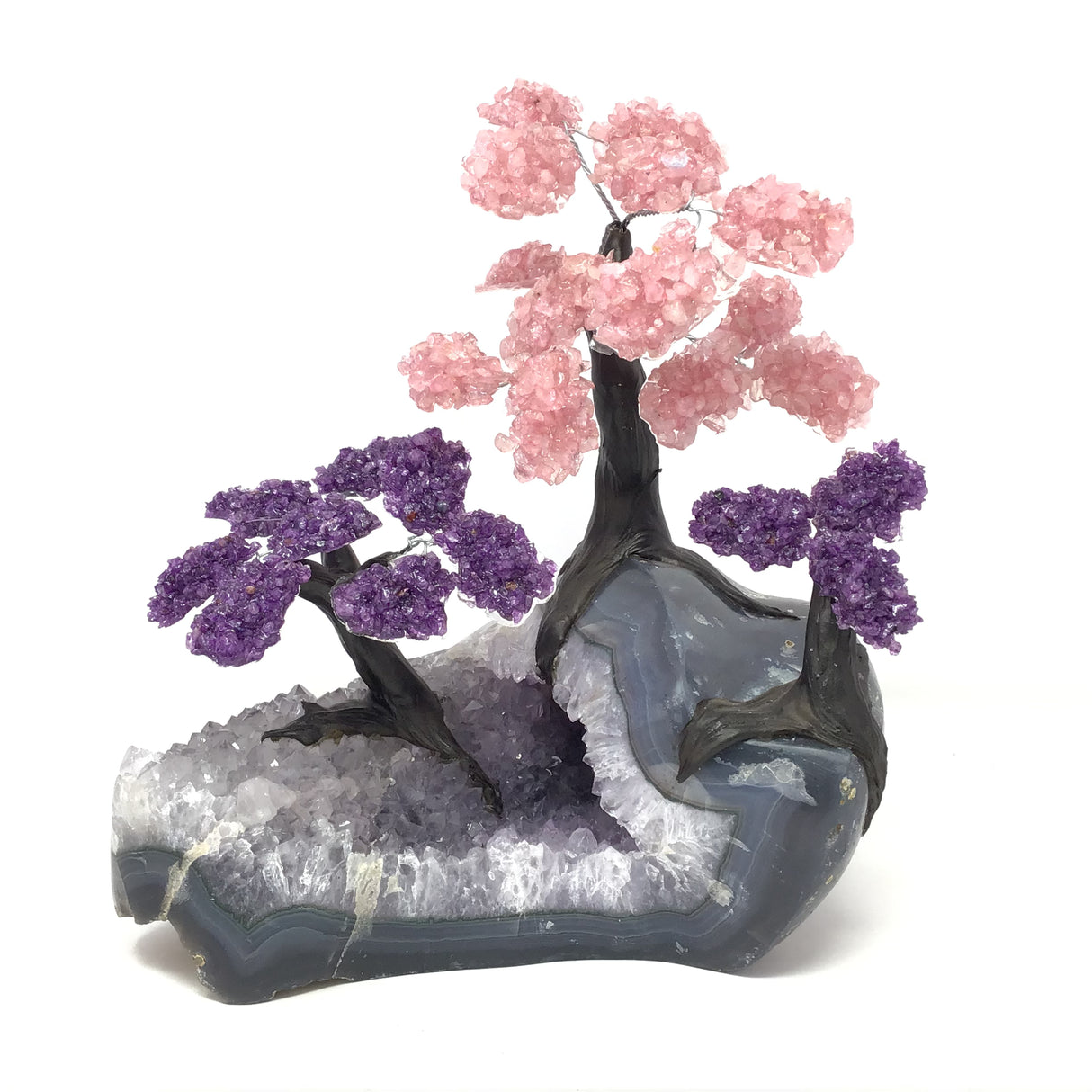 Triple Gemstone & Clay Polymer Tree on Geode Base - Rose Quartz & Duo Amethyst