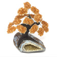 Golden citrine gemstone tree on a blue-grey geode base with a pale crystal cavity