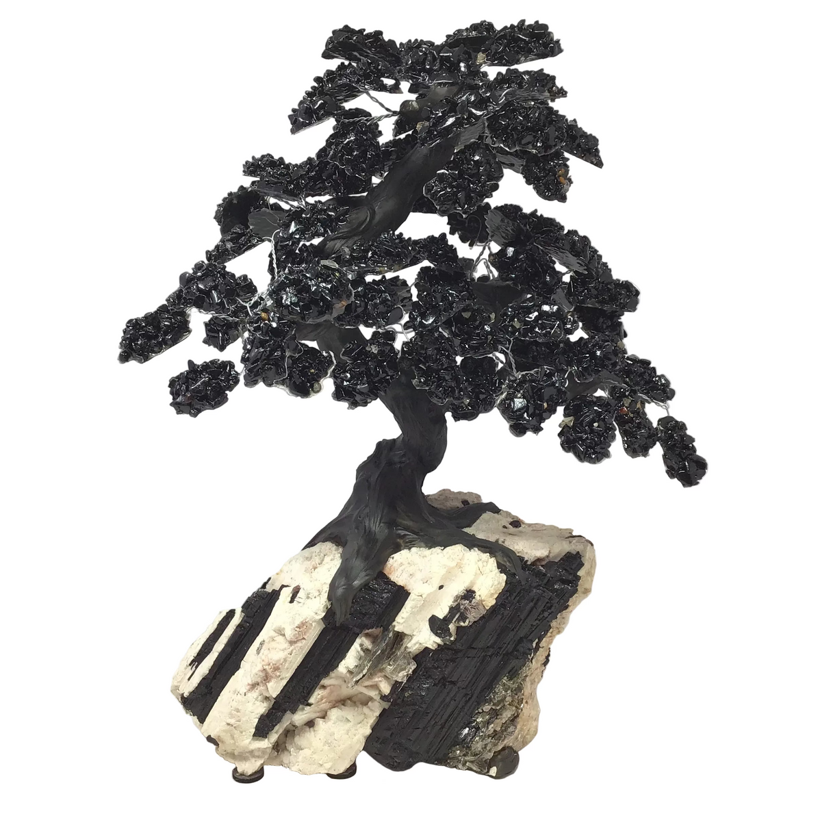 Obsidian Gemstone Tree with Clay Polymer & Black Tourmaline & Mica Albite Base