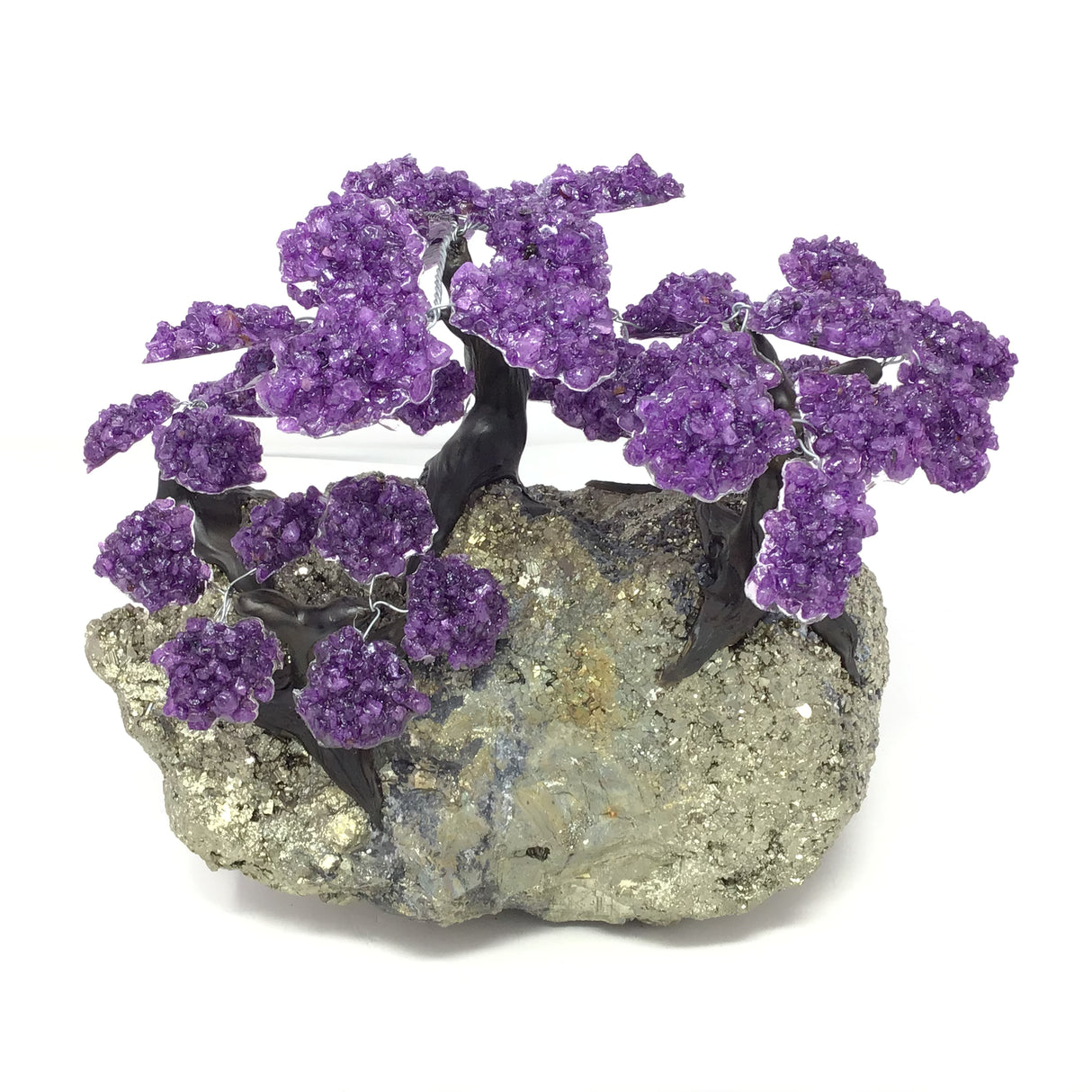 Amethyst Gemstone Tree Grove with Clay Polymer on Pyrite Crystal Boulder Base