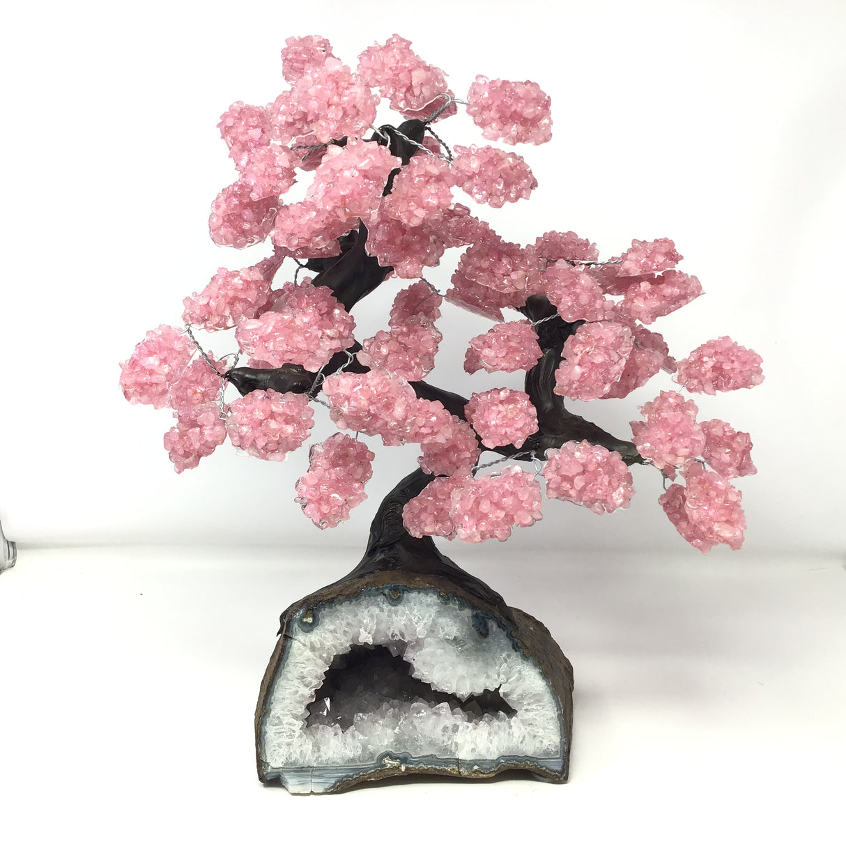 Rose Quartz Gemstone Tree with Clay Polymer on Rose De France Geode Cavern