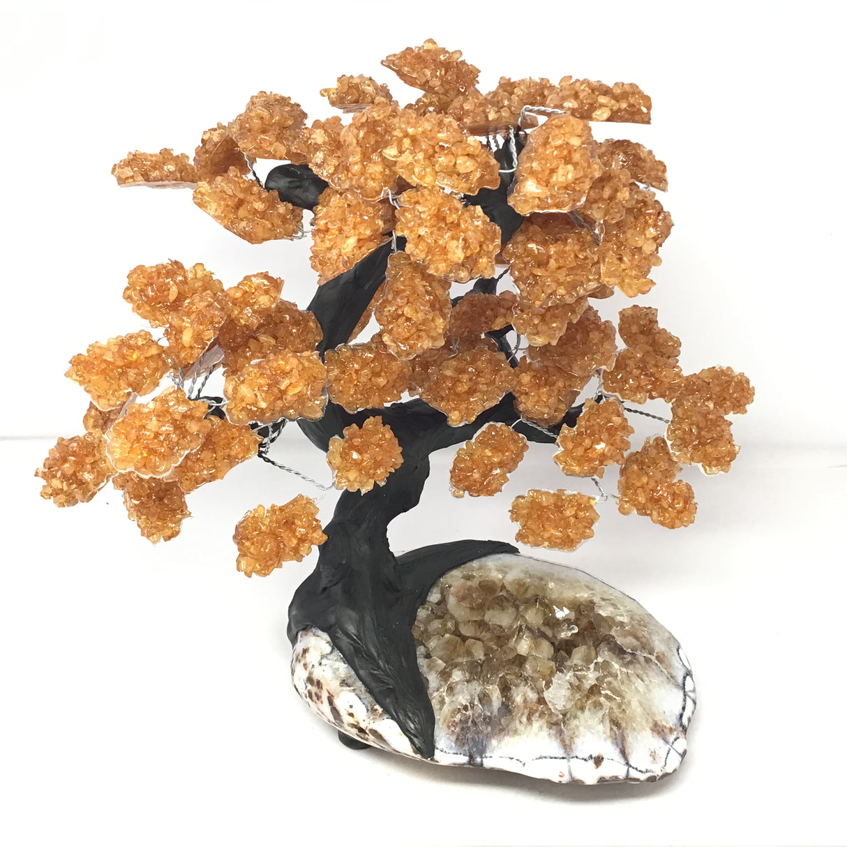 Citrine Gemstone Tree with Clay Polymer on Citrine Crystal Geode Base with Polished White Agate