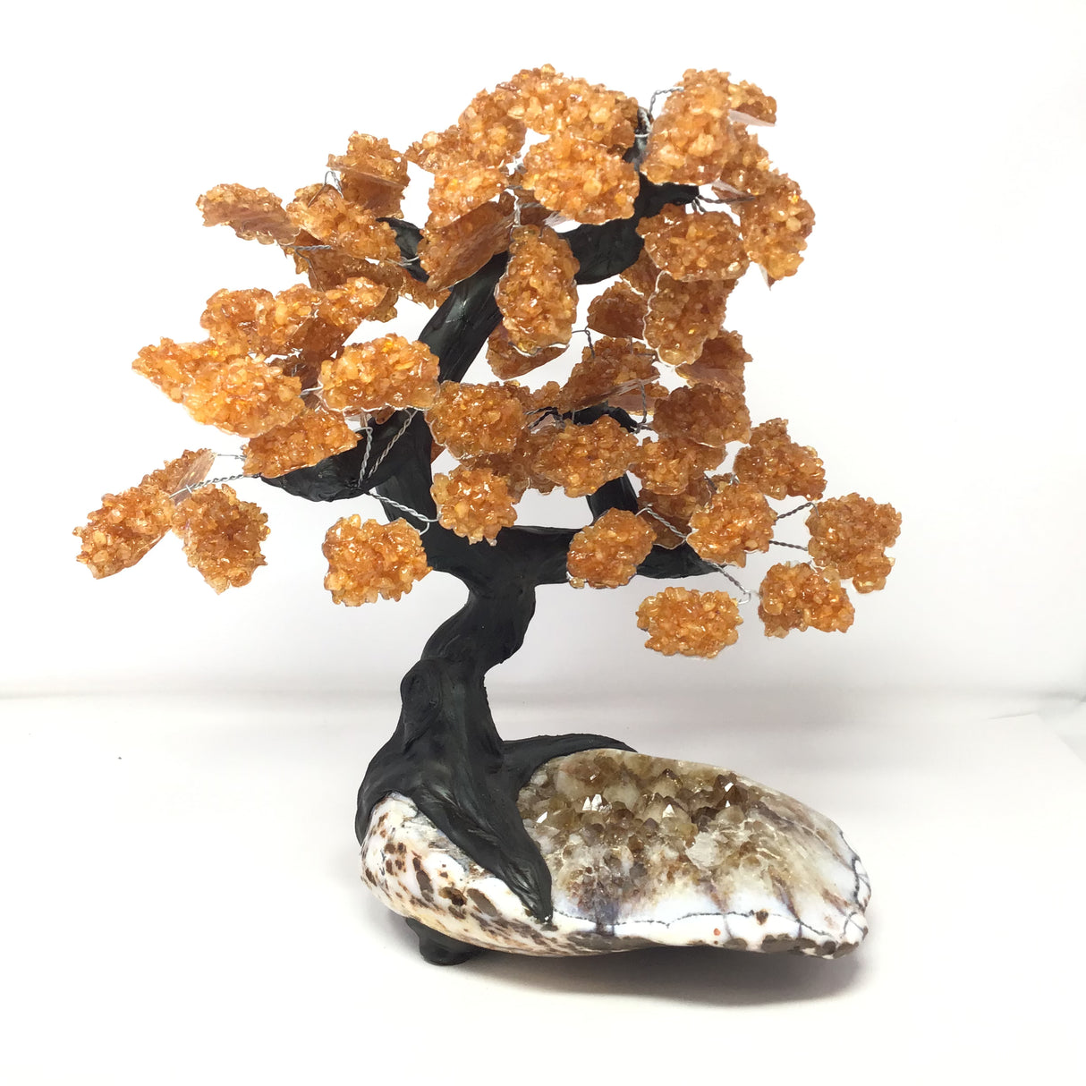 Citrine Gemstone Tree with Clay Polymer on Citrine Crystal Geode Base with Polished White Agate