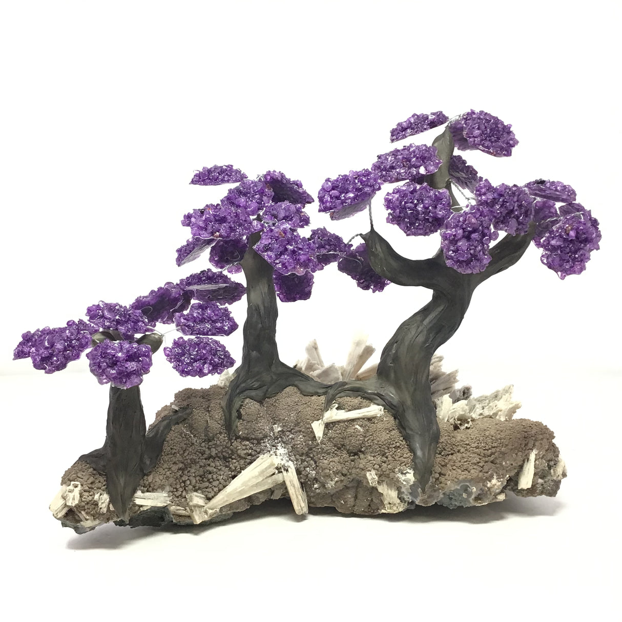 Amethyst Gemstone Triple Tree with Clay Polymer on Anhydrite Base