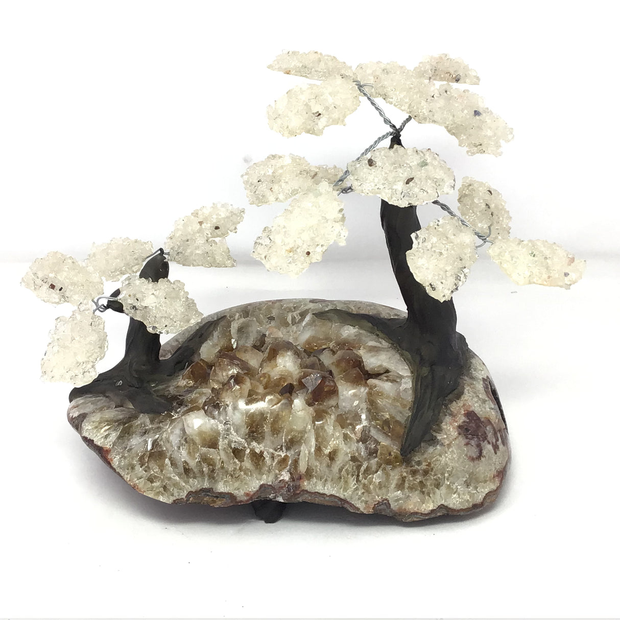 Quartz Gemstone Tree Duo with Clay Polymer on Citrine Crystal Geode Base