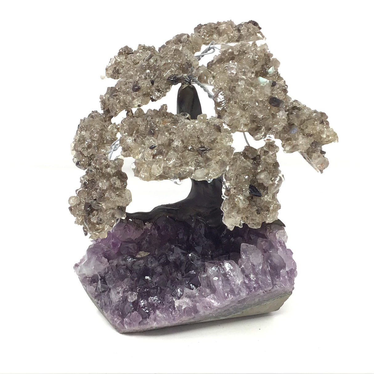 Smoky Quartz Gemstone Tree with Clay Polymer on Amethyst Crystal Geode Base