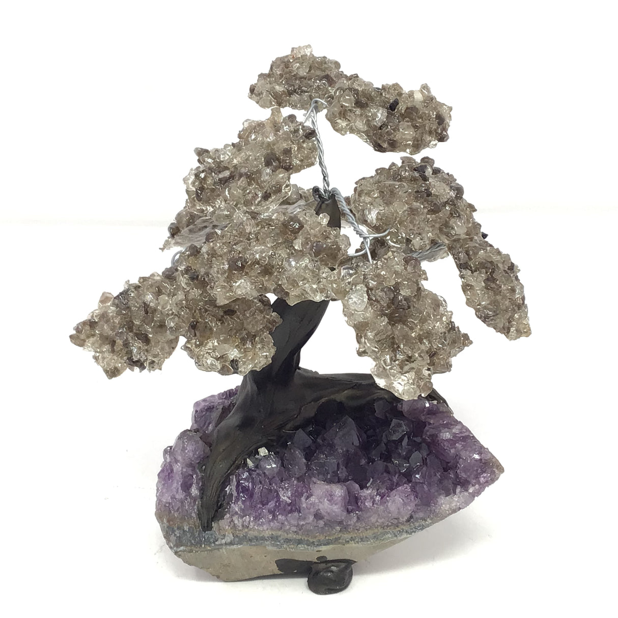 Smoky Quartz Gemstone Tree with Clay Polymer on Amethyst Crystal Geode Base
