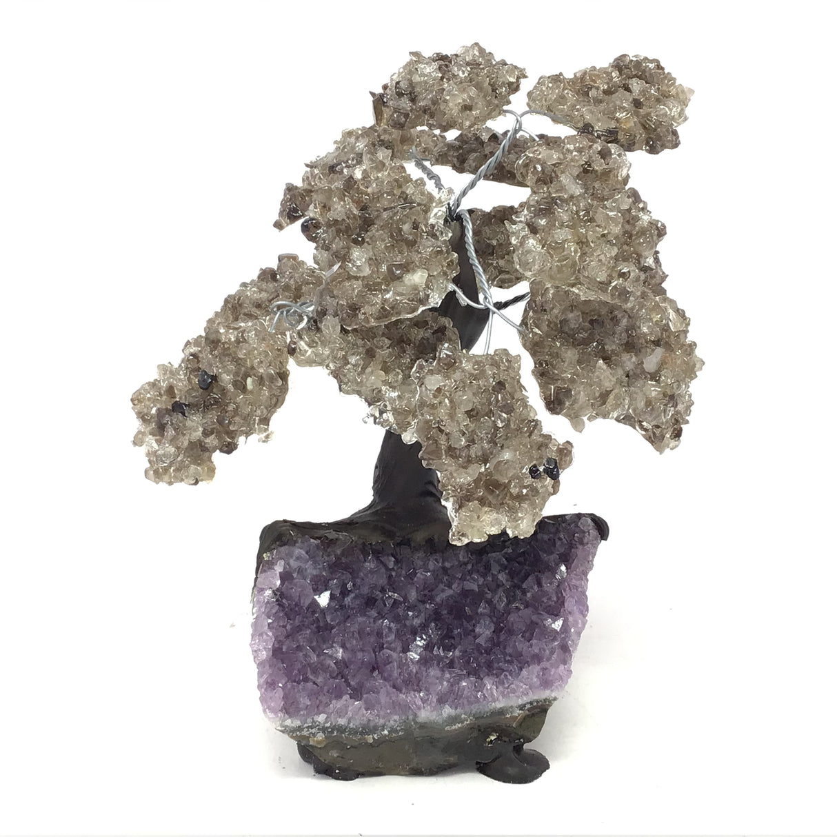 Smoky Quartz Gemstone Tree with Clay Polymer on Amethyst Crystal Geode Base