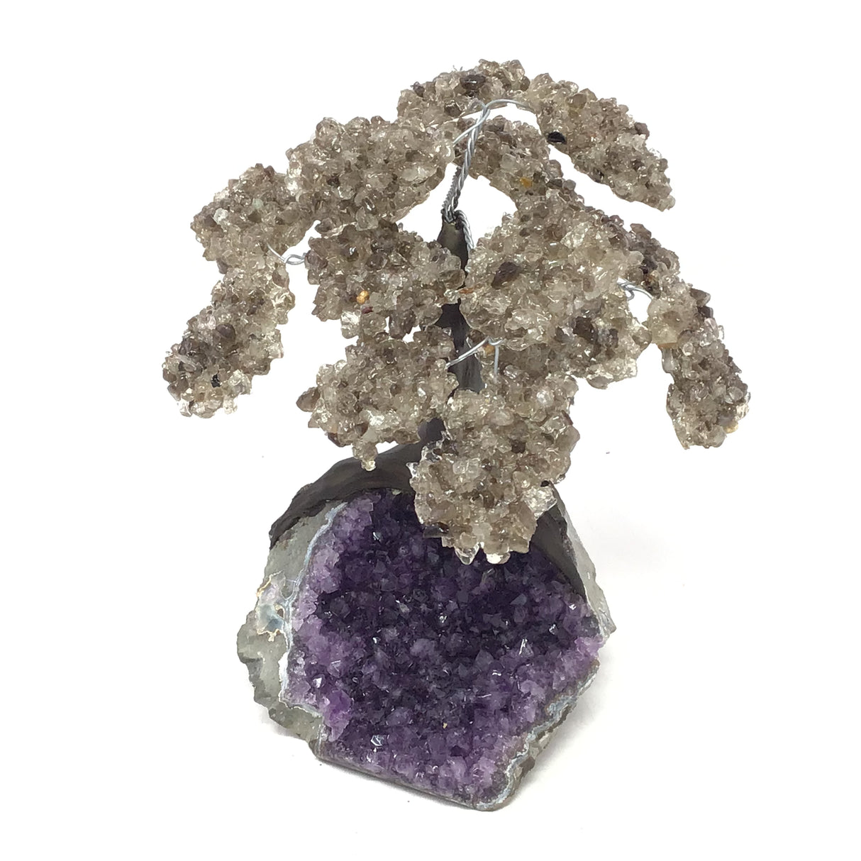 Smoky Quartz Gemstone Tree with Clay Polymer on Amethyst Crystal Geode Base