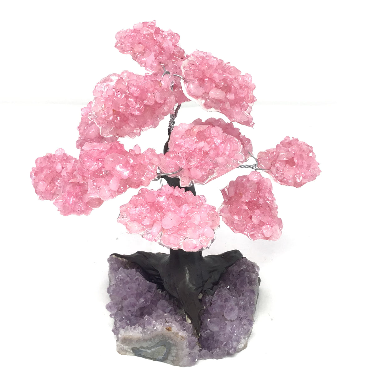 Rose Quartz Gemstone Tree with Clay Polymer on Amethyst Geode Base