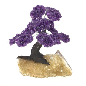 Front view of amethyst gemstone tree on a golden citrine druze geode base with clay polymer trunk
