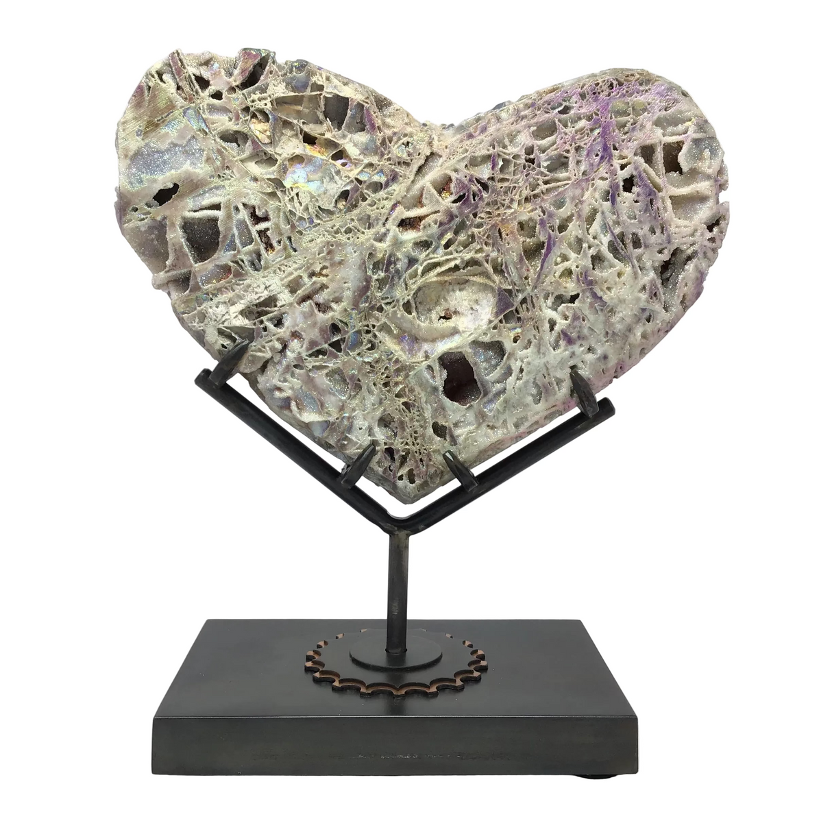 Angel Aura Sphalerite Heart on Custom Gear Stand with Patina Finish