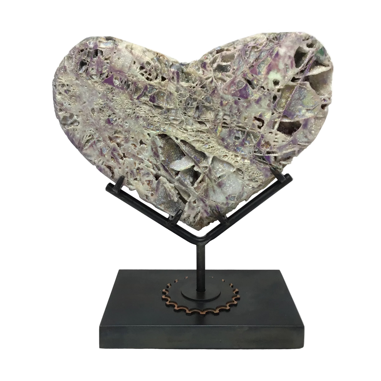 Angel Aura Sphalerite Heart on Custom Gear Stand with Patina Finish