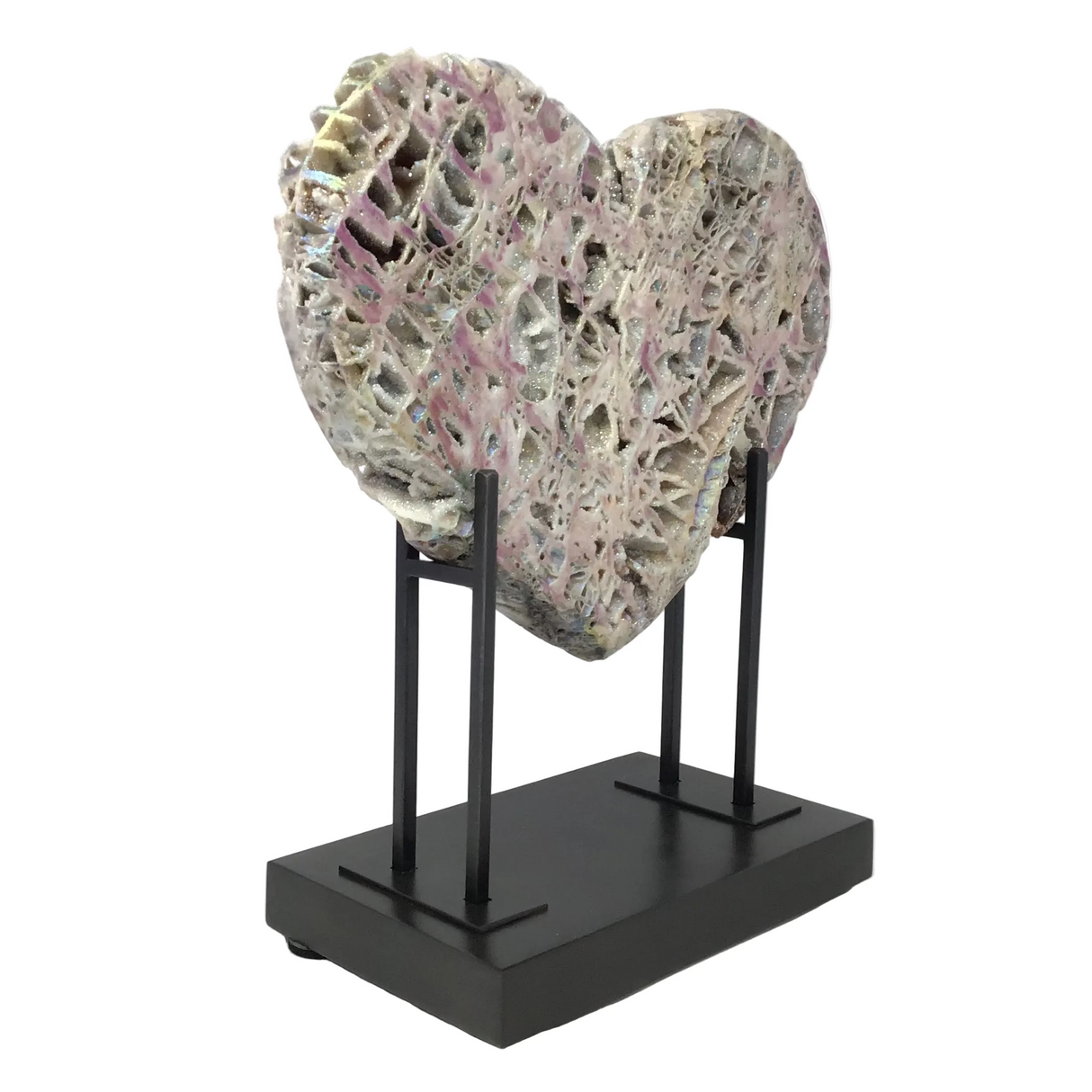 Angel Aura Sphalerite Heart on Custom H Stand with Patina Finish