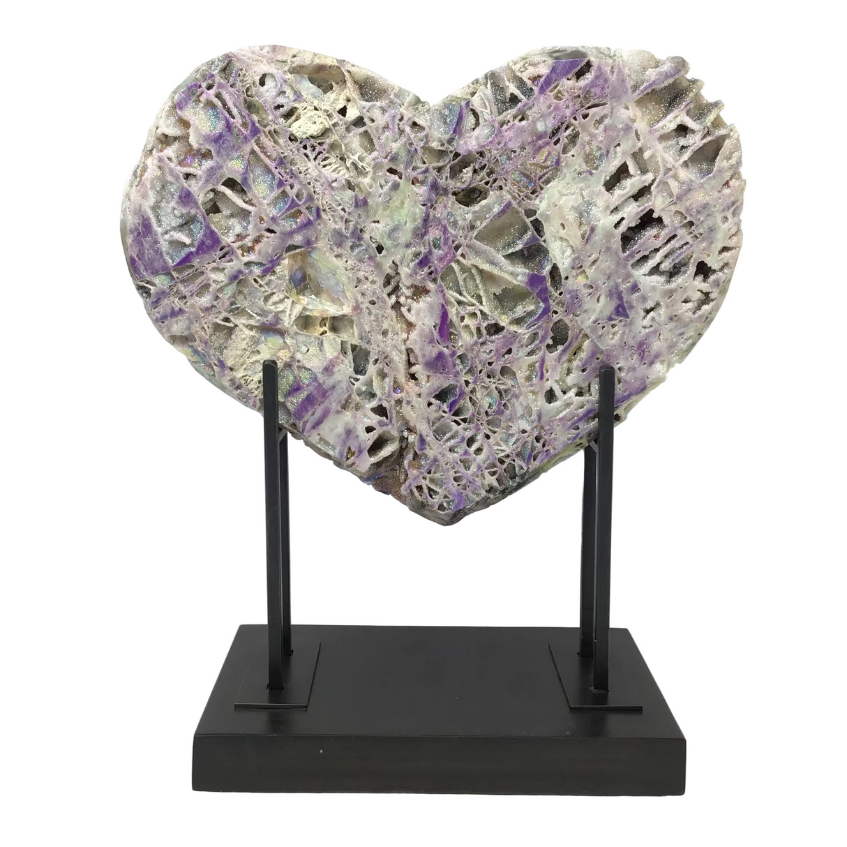 Angel Aura Sphalerite Heart on Custom H Stand with Patina Finish
