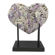Angel aura sphalerite heart with violet lacework and iridescent druzy, mounted on a dark patina H stand