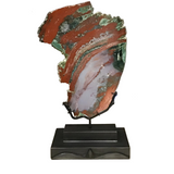 Red & Green Ocean Jasper Freeform Slice with Green Druze Band on Custom Rotating Stand with Patina Finish