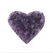 Front view of amethyst druze heart with sharp faceted deep purple crystal points and lighter tips