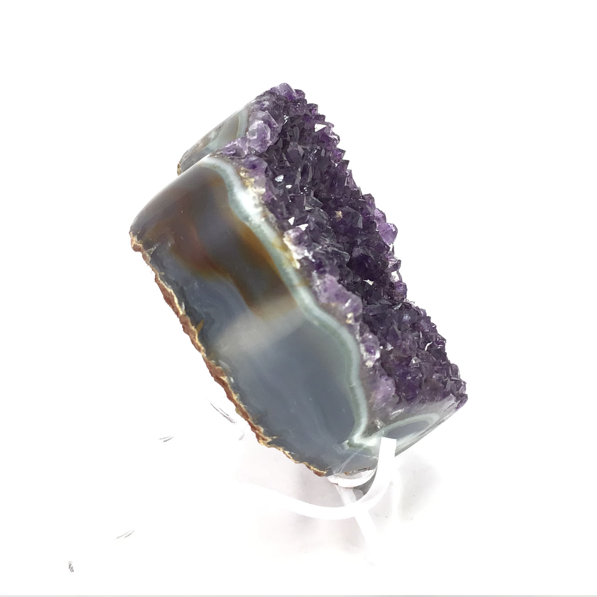 4" Amethyst Druze Heart with Squared Cut & Polished Agate on Lucite Stand