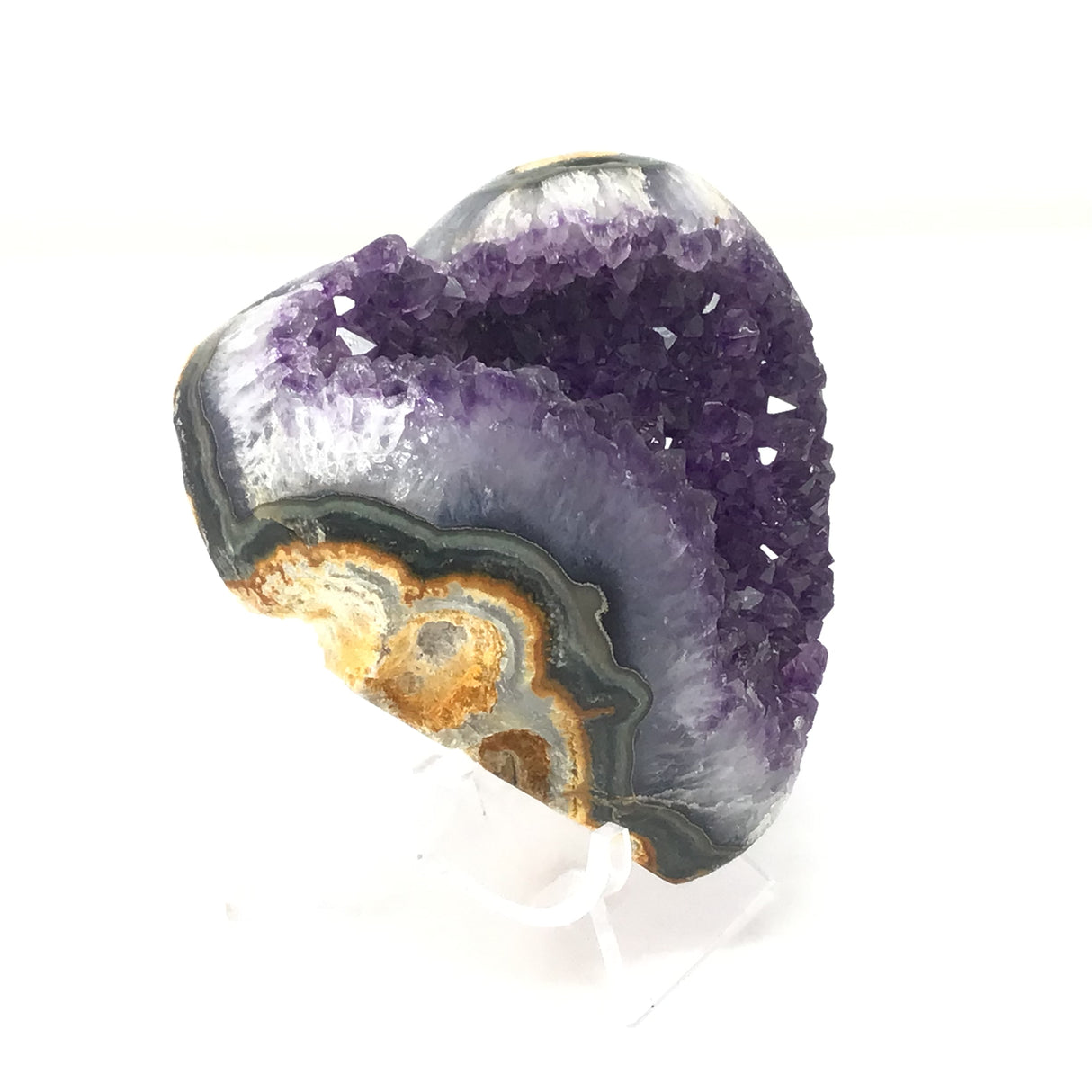 Amethyst Crystal Heart with Radical Agate Banding on Lucite Stand