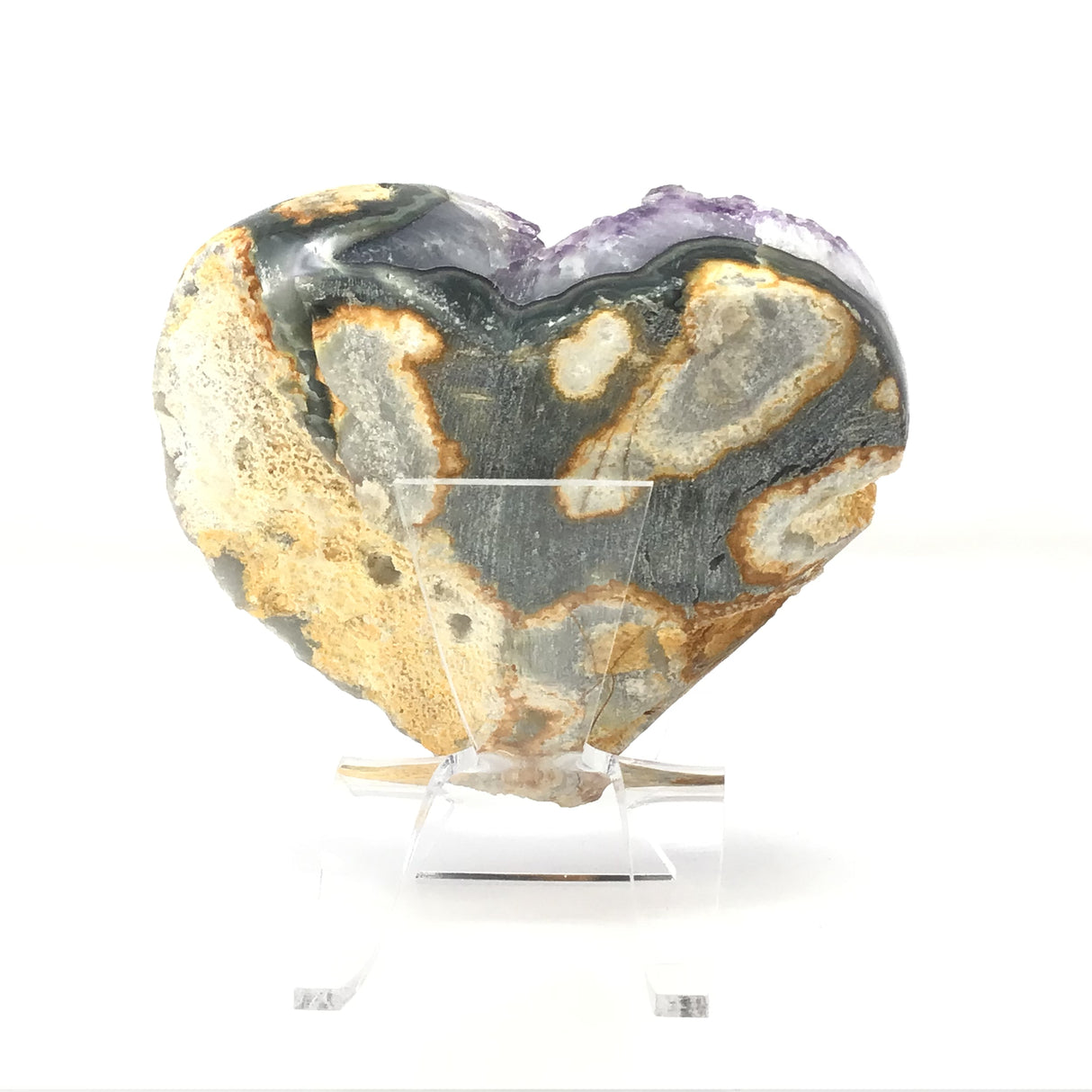 Amethyst Crystal Heart with Radical Agate Banding on Lucite Stand