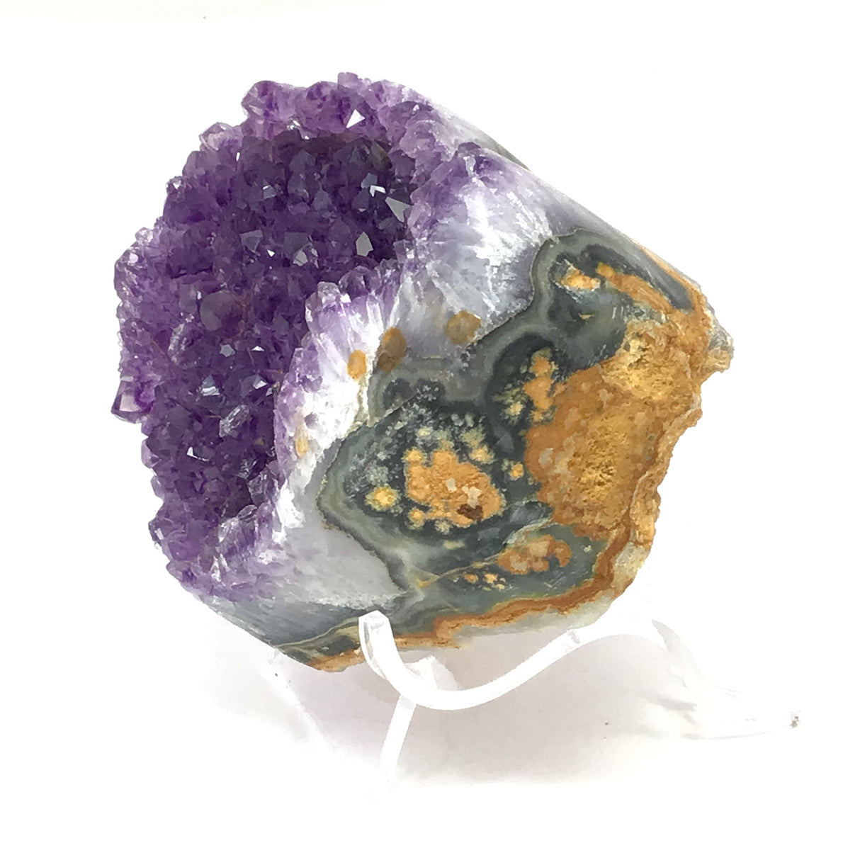 Amethyst Crystal Heart with Radical Agate Banding on Lucite Stand