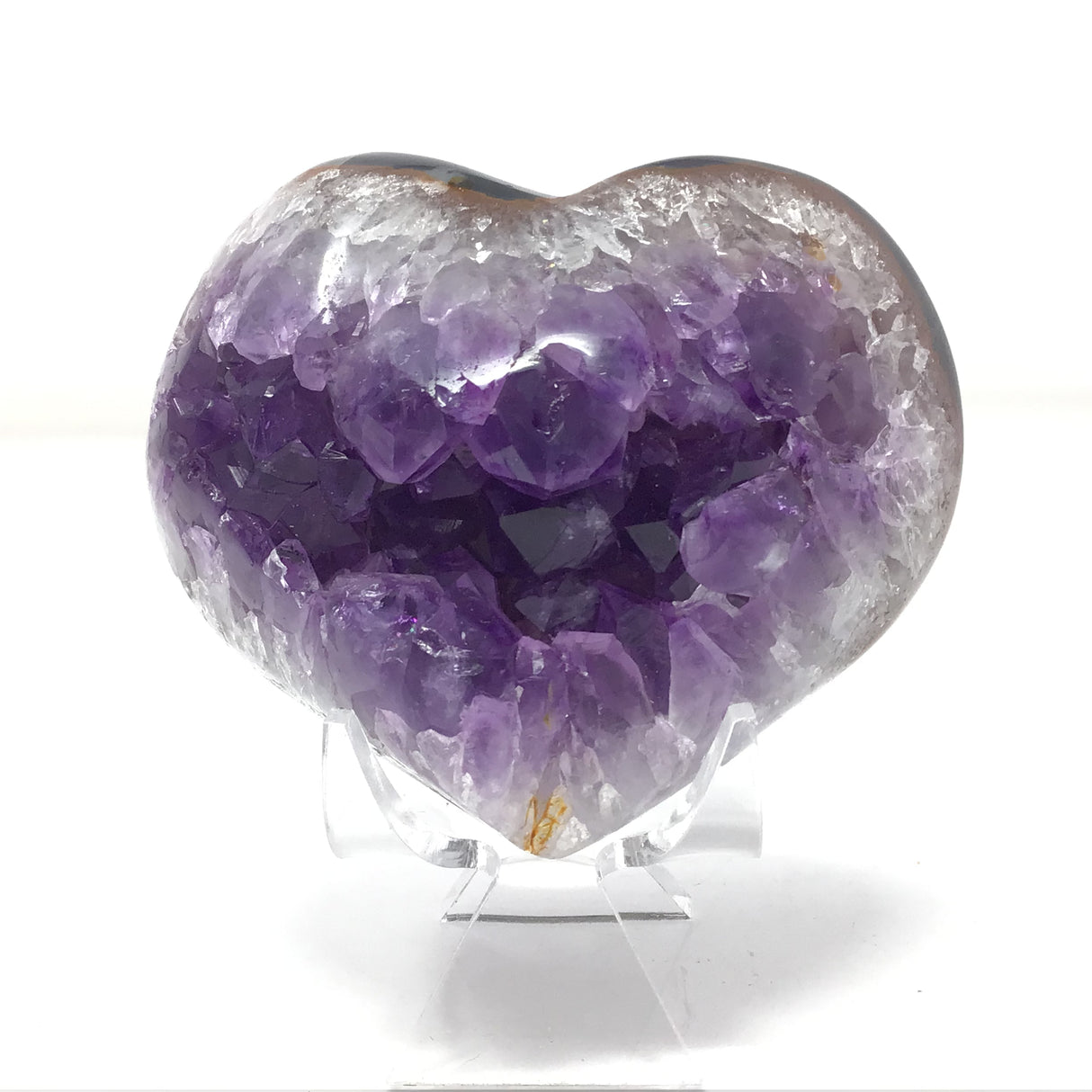 Amethyst Crystal Heart with Polished Edge & Large Crystals on Lucite Stand