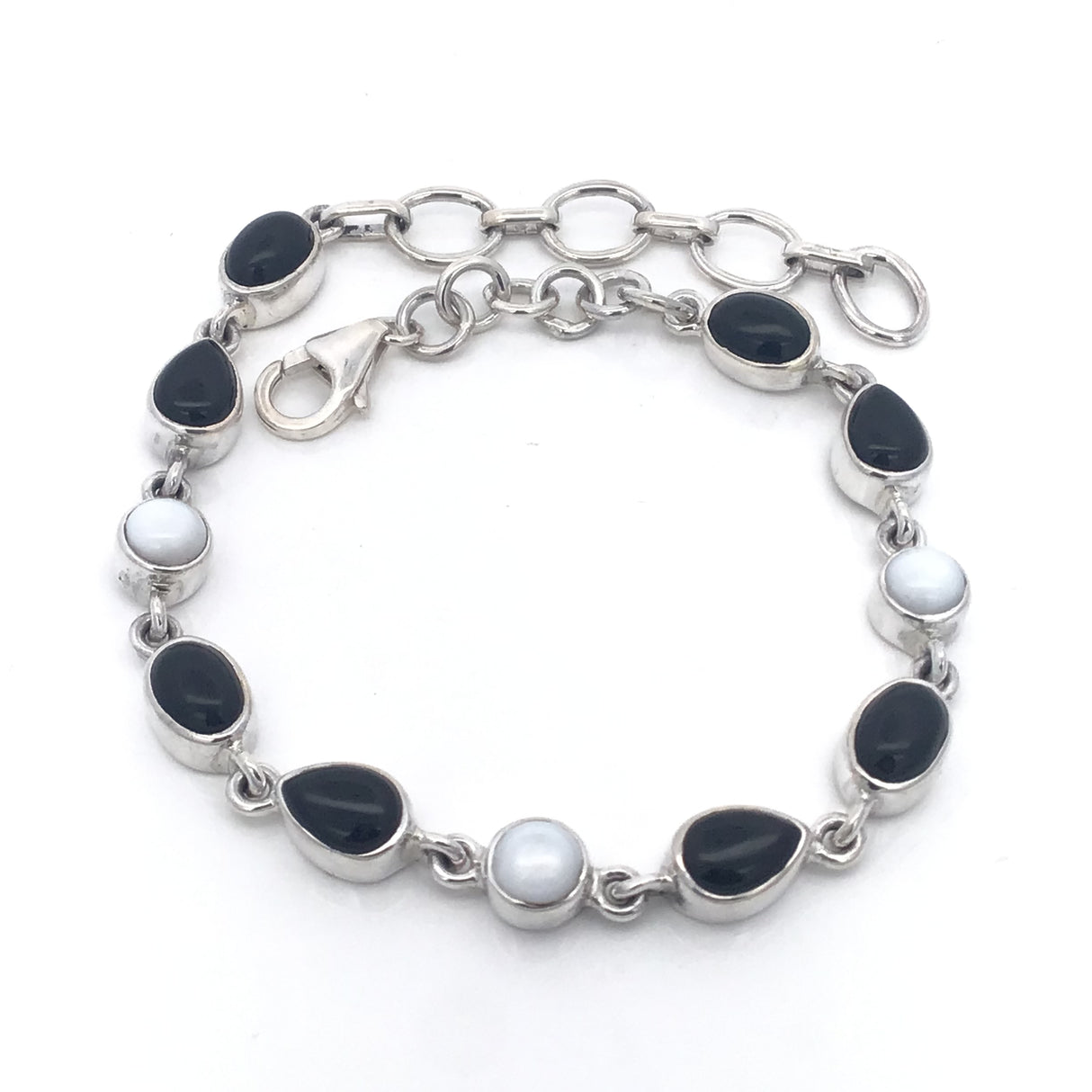 Black Onyx & White Opal Cabochon Link Bracelet - Teardrop & Round