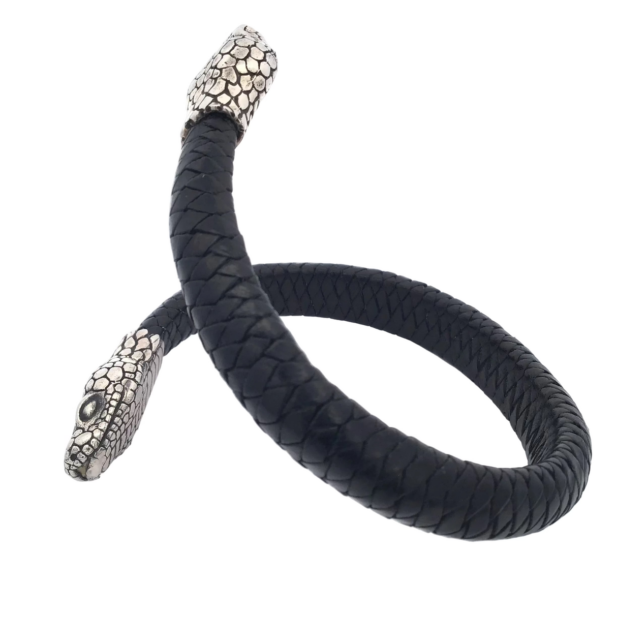 Sterling Silver Double Snake Head Leather Cuff - Adjustable Size