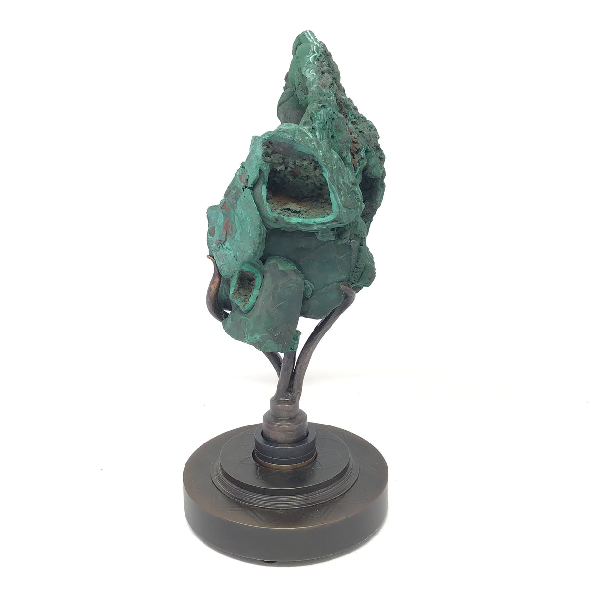 Bulbous Druze Chatoyant Fibrous Malachite Specimen On Custom Spinning Mandala Design Stand