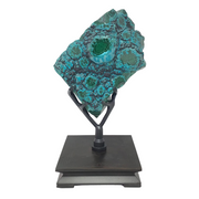 Chrysocolla malachite polished bulbs specimen with turquoise and green bullseye orbs on a dark Art Deco spinning stand
