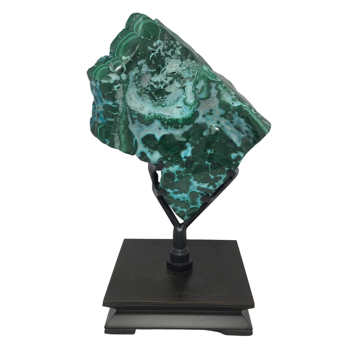Unique Chrysocolla Malachite Polished Bulbs Specimen On Custom Spinning Art Deco Design Square Stand