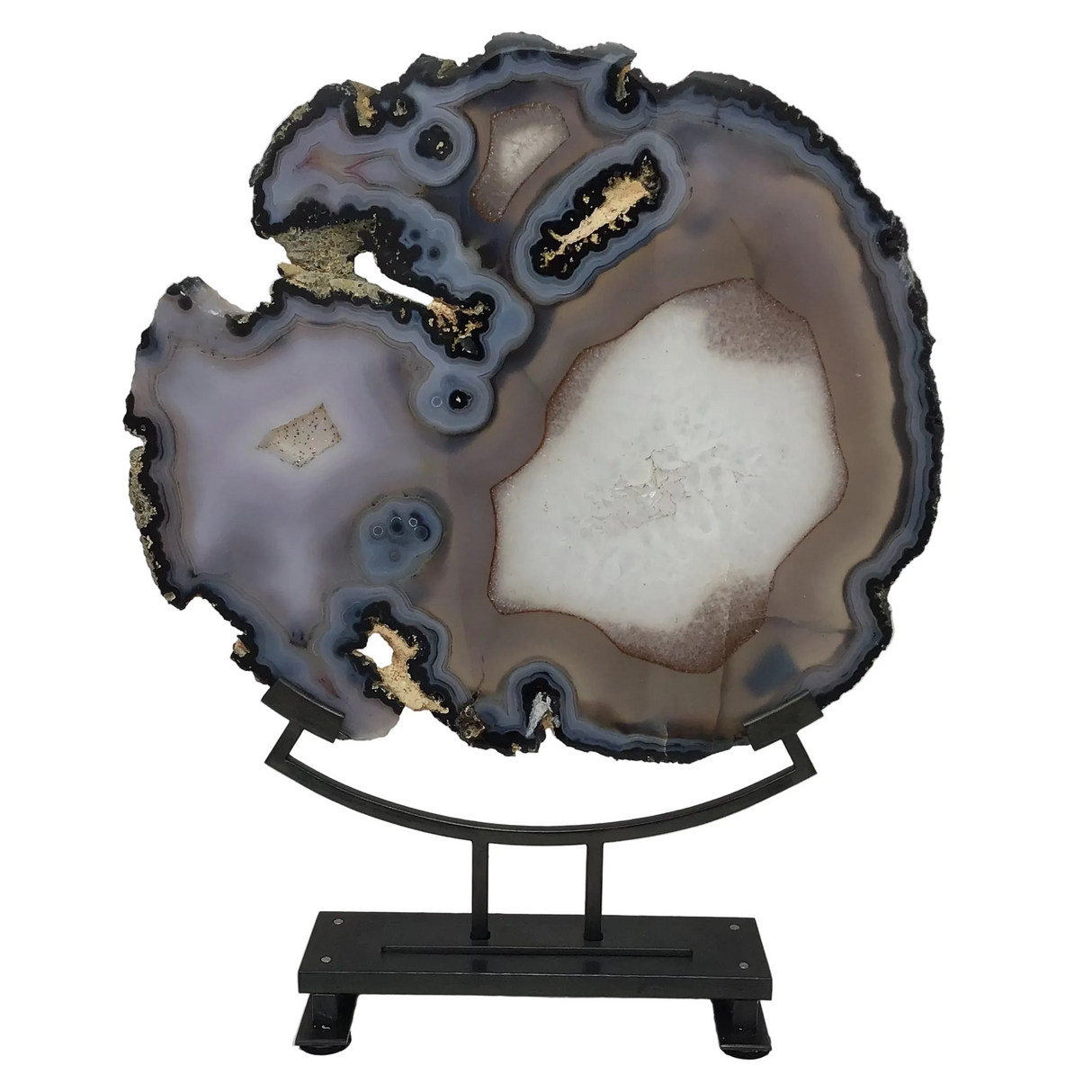 Bubbly Agate Druze Slice with Carnelian and Blue Tubular Formations On Custom Miniamlistic Arc Stand