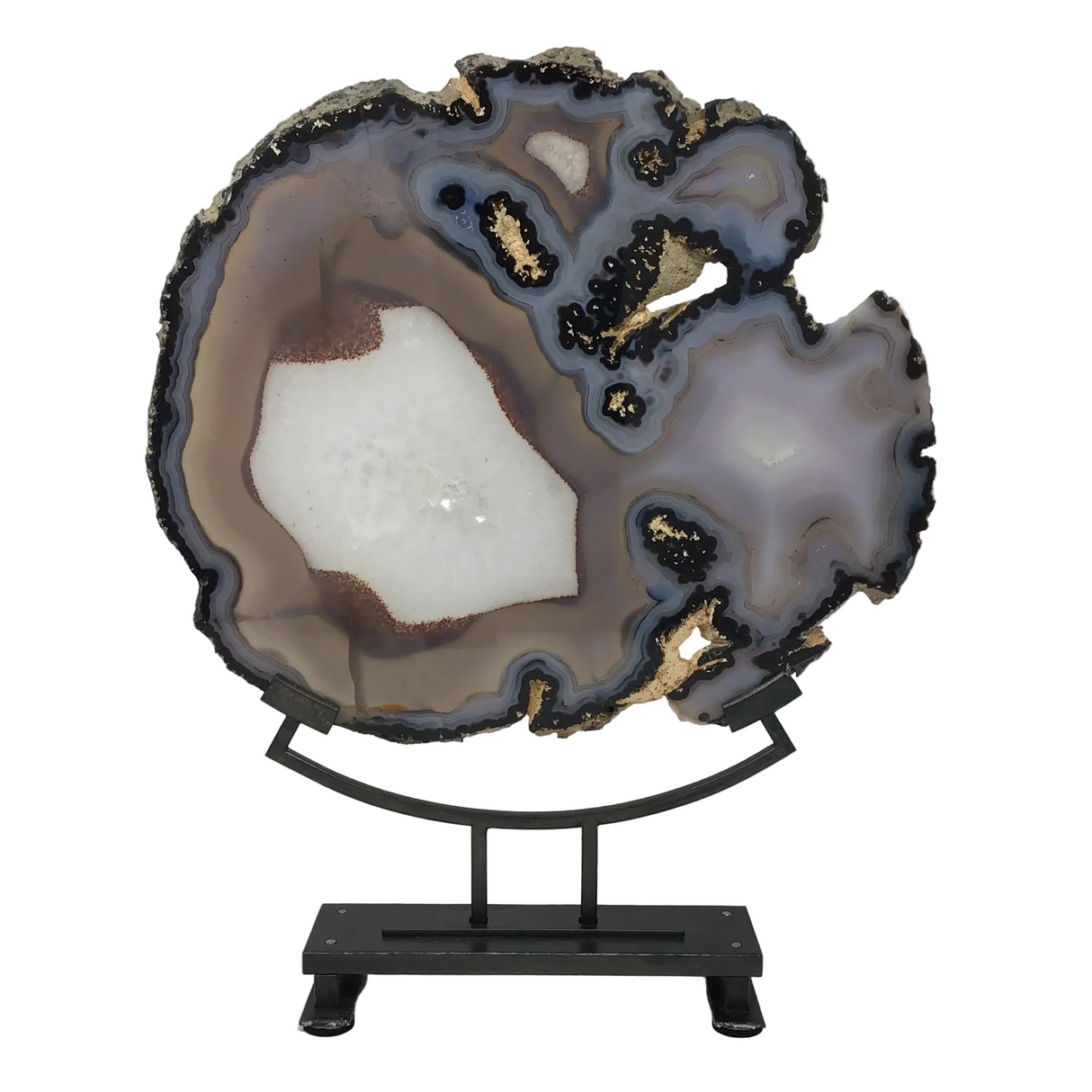 Bubbly Agate Druze Slice with Carnelian and Blue Tubular Formations On Custom Miniamlistic Arc Stand