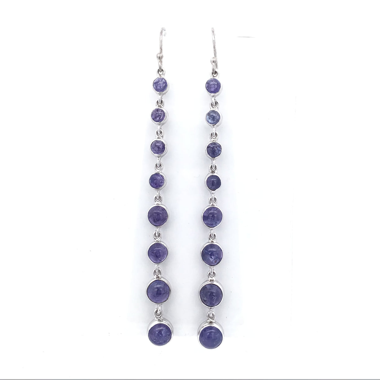 Tanzanite Cabochon Dangle Earrings - Graduated Multi-Gems Bezel Set