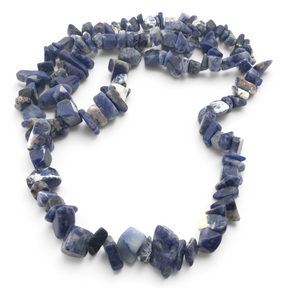 Rare Earth Gallery 32-inch chunky sodalite chip necklace featuring polished blue and white natural stone fragments.