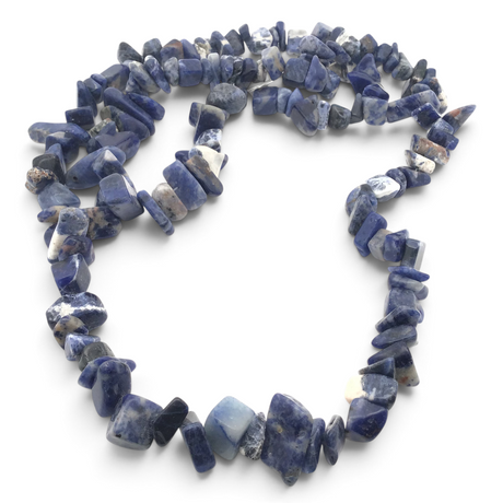 Rare Earth Gallery 32-inch chunky sodalite chip necklace featuring polished blue and white natural stone fragments.