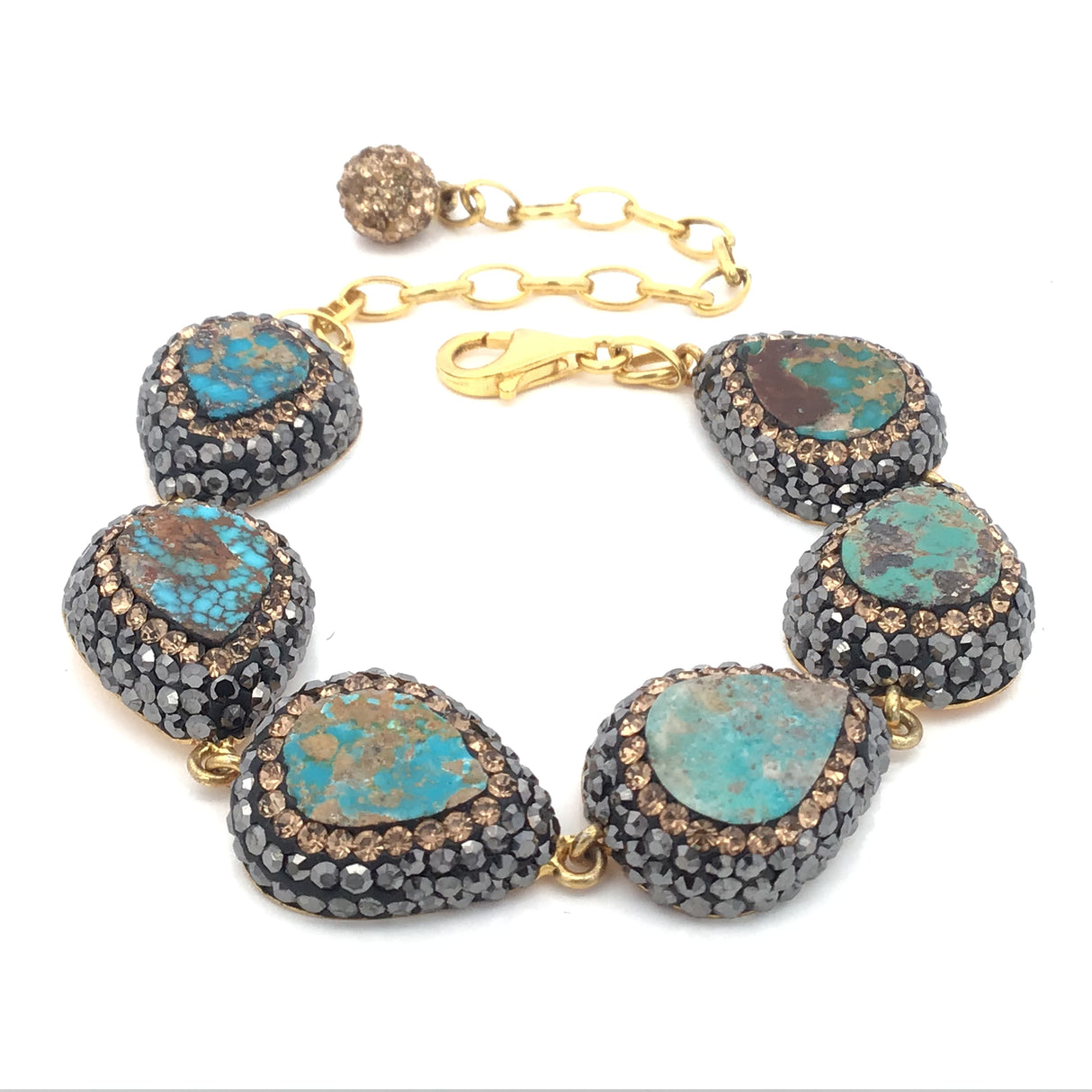 Bracelet à maillons en turquoise persane - 6 poires avec marcassite et cristaux Swarovski dorés et finition dorée