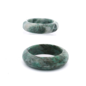 Gray jade band ring shown in two views, side profile and top-down opening with green and gray veining