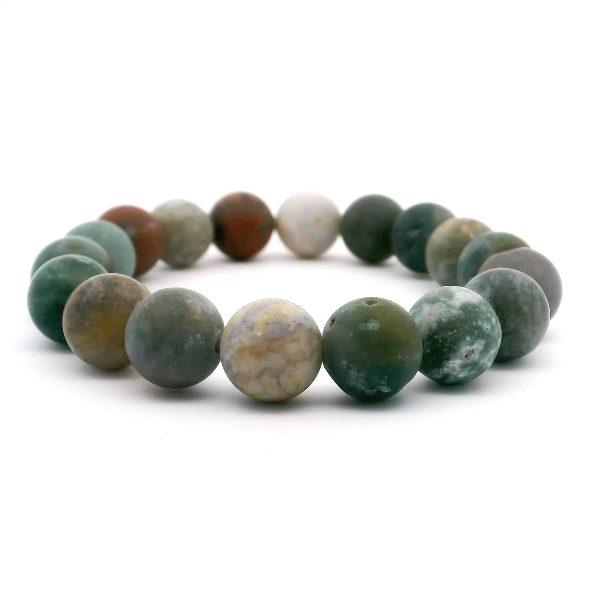Fancy jasper bracelet with 10mm matte rounds in green, rust and cream earthy tones