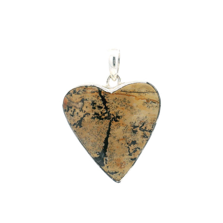 Paint Brush Jasper heart cabochon pendant, black dendritic sprays on tan stone in sterling silver bezel