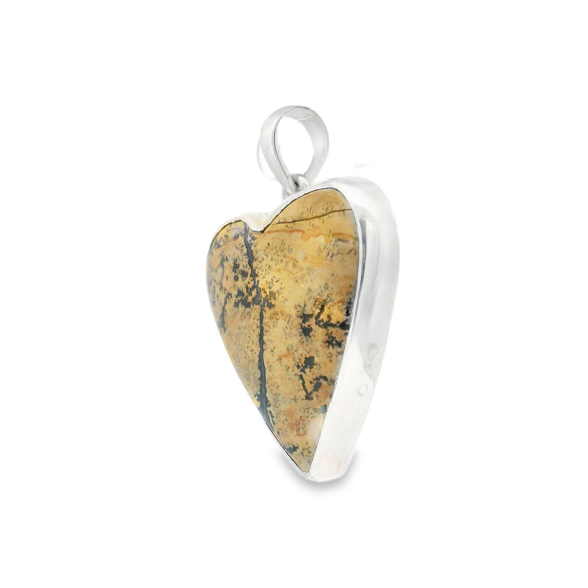 Angled view of Paint Brush Jasper heart pendant showing dendritic pattern and 925 silver bezel